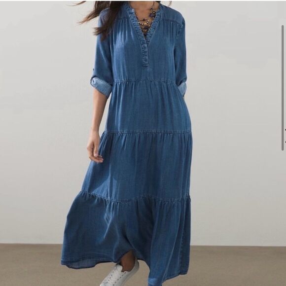 Chico's Dresses & Skirts - Chicos Dress Womens 1.5 US 10 Maxi Tiered Dress Roll Tab Sleeves w Pockets